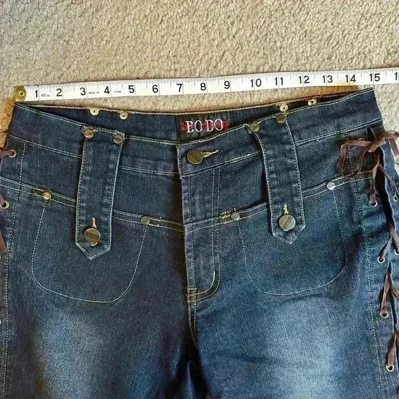 Vintage Lace Up Sides Denim Jeans Y2K 90S Baodong Bodo Boho Button Flap Size L - Picture 9 of 14